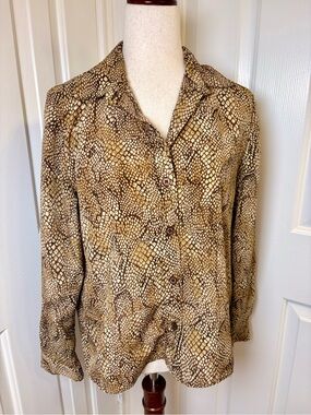 Vintage Joan Leslie Snake Print Button Down Blouse Brown Animal Print Top 10P